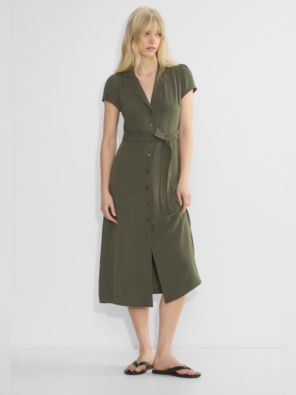 Wilfred Aritzia Sz M Olive Button-Front Midi Shirt Dress with Short Puff Sleeves
